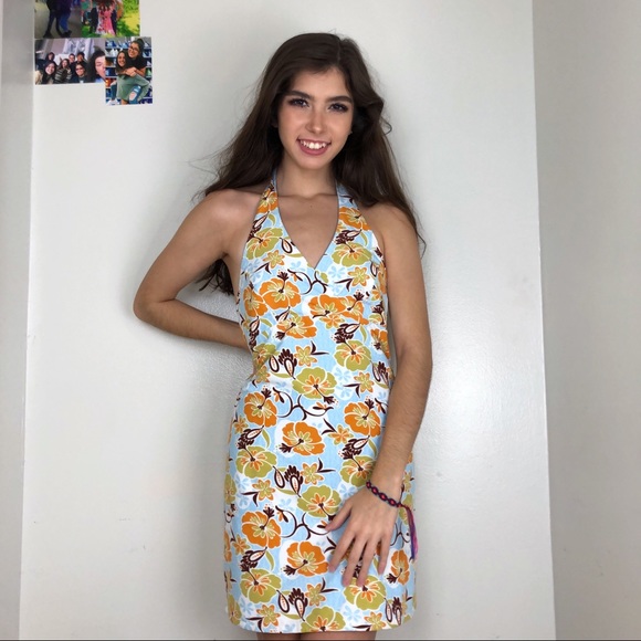 SOLD🛒 BLUE AND ORANGE TROPICAL VACATION DRESS - Picture 3 of 4